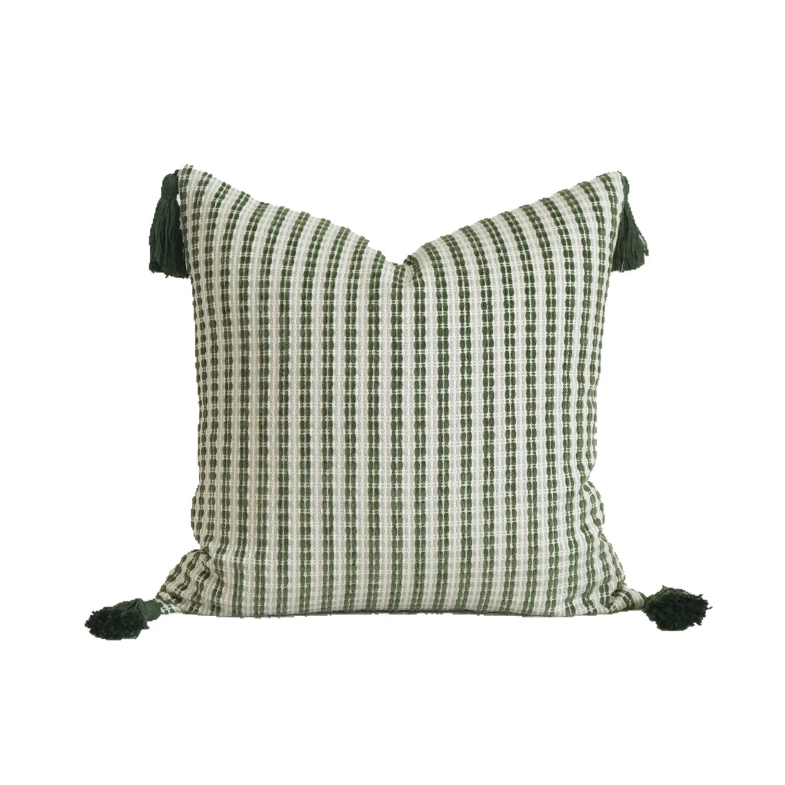 Green cotton and linen hotel sample pillow with botanical pattern and tassel trim