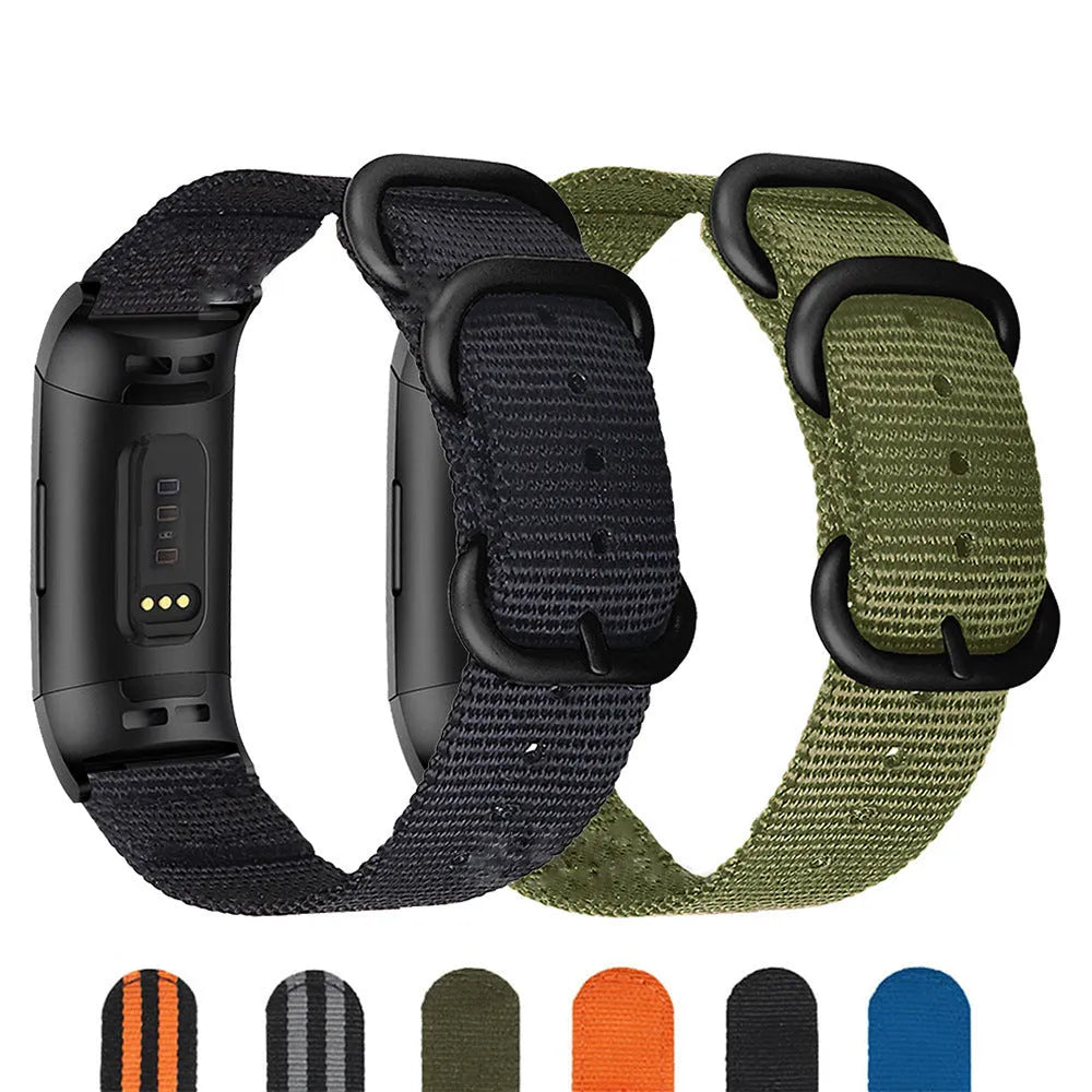 Army Green nylon replacement strap with three-ring buckle for Fitbit Charge 3 and Charge 4 fitness trackers.