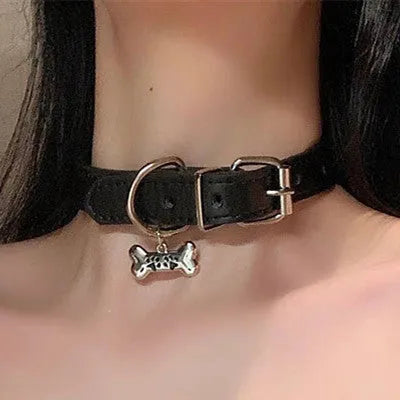 Black adjustable dog collar for small pets with choice of LD leather, cute bone, or cat paw metal charm designs.