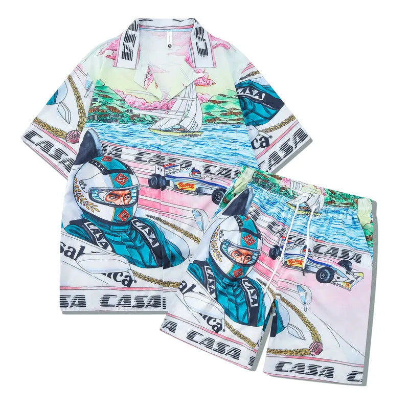 Men's plaid pattern beach outfit set with short sleeve shirt and matching trousers