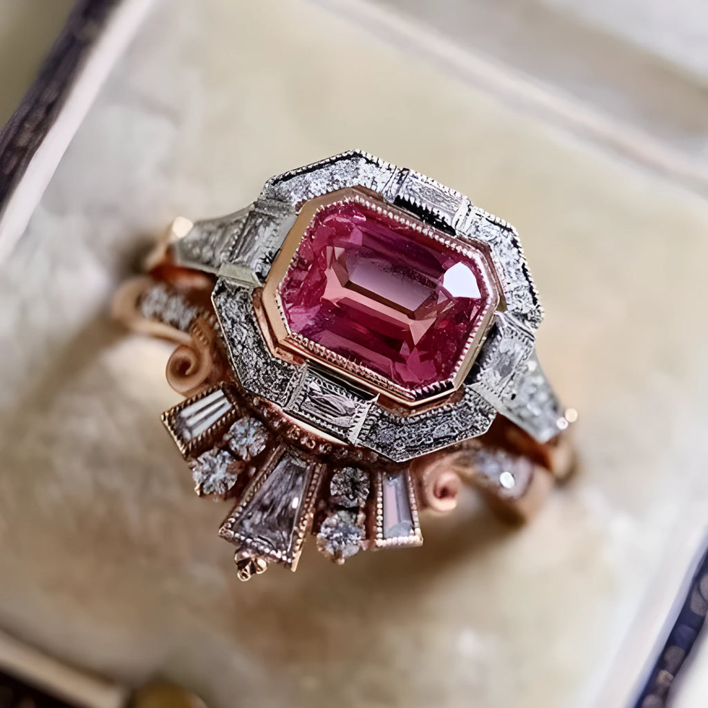 Women's retro style fashion ring with geometric design, rose gold finish and ruby detail