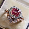 Women's retro style fashion ring with geometric design, rose gold finish and ruby detail