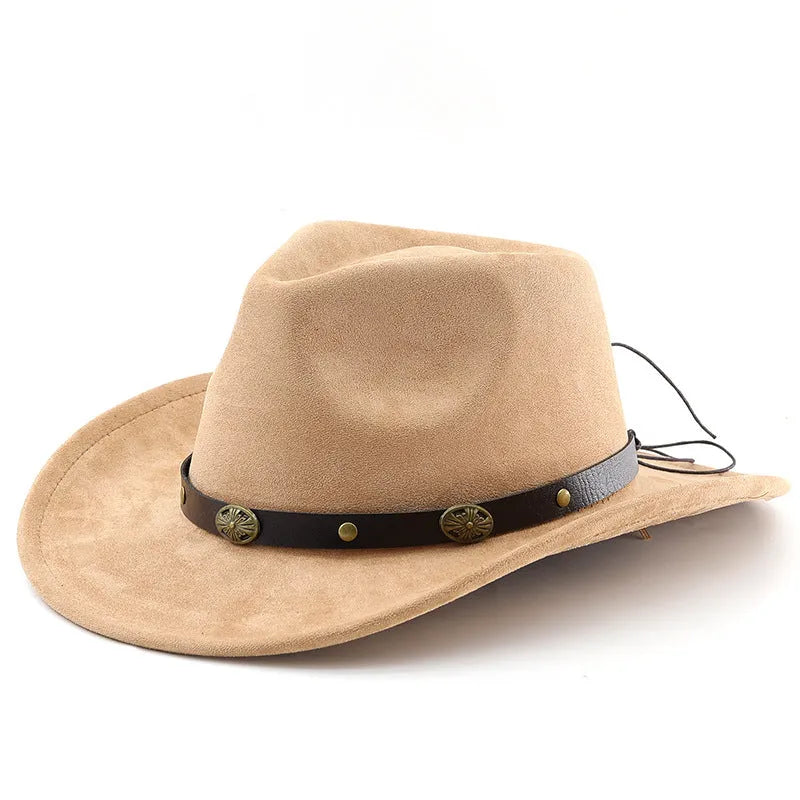 Brown leather velvet curved edge Western cowboy hat with a conical crown.