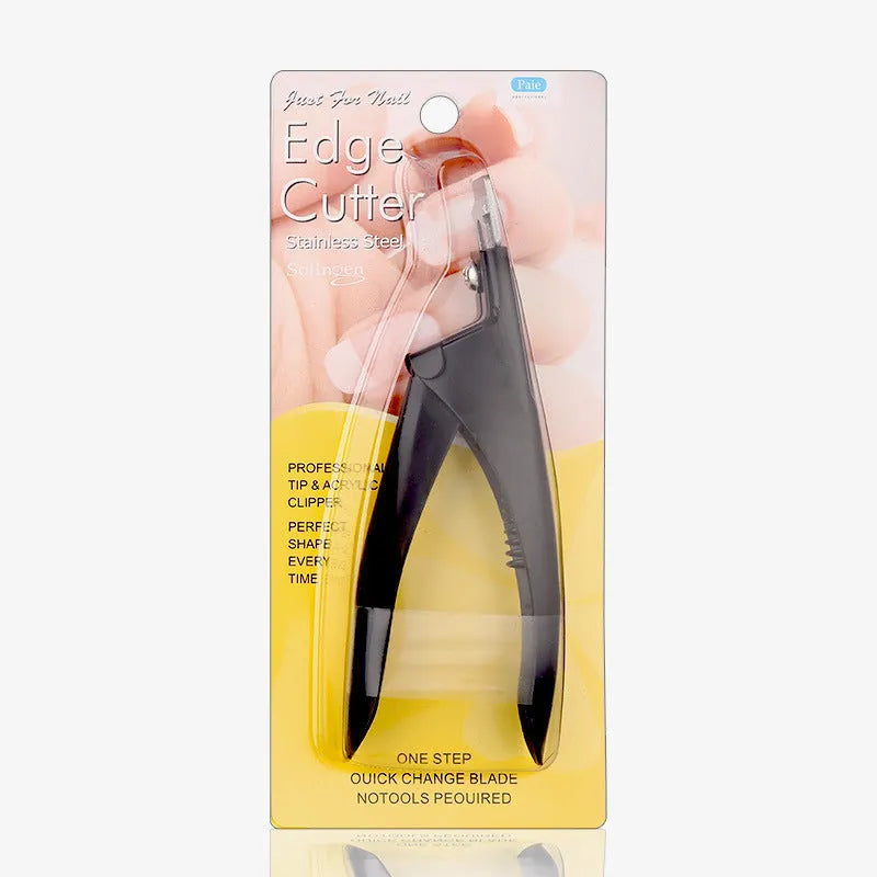 Stainless steel U-shaped nail art scissors in electrophoresis black, colour titanium, and silver finishes for French manicures.