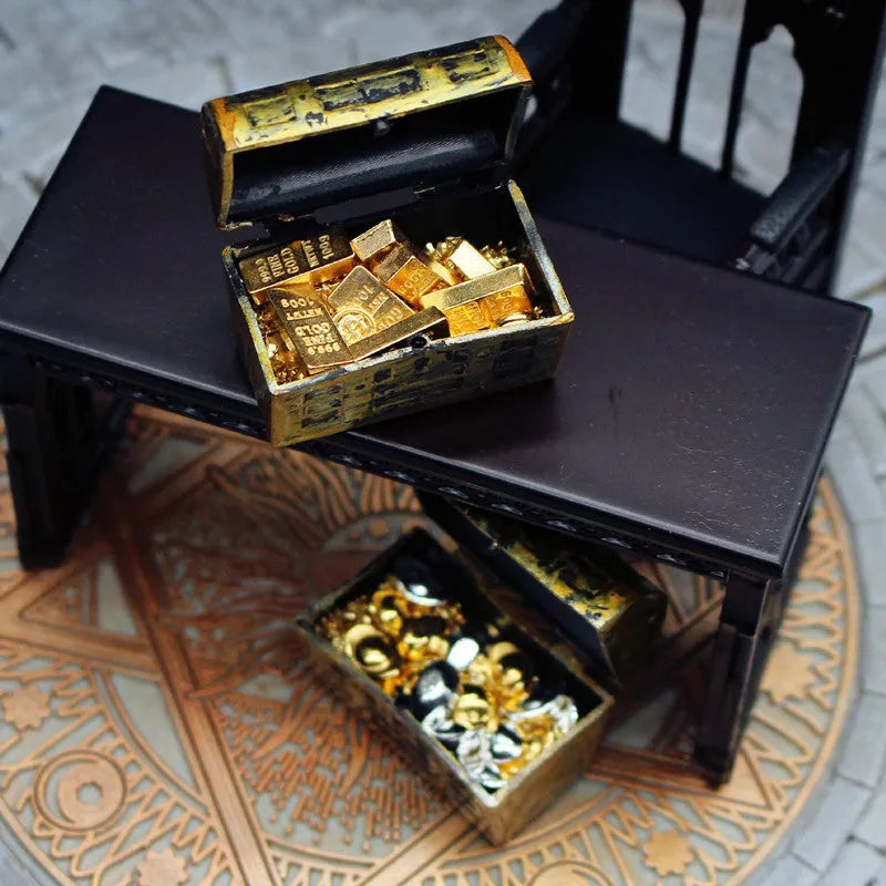Alloy miniature gold coin treasure box with gold bars and ingots for doll house accessories