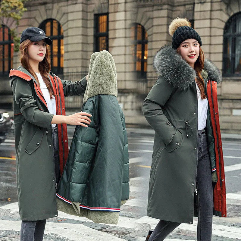 Women's long white cotton-padded fleece trench coat with a 100cm length and long sleeves.