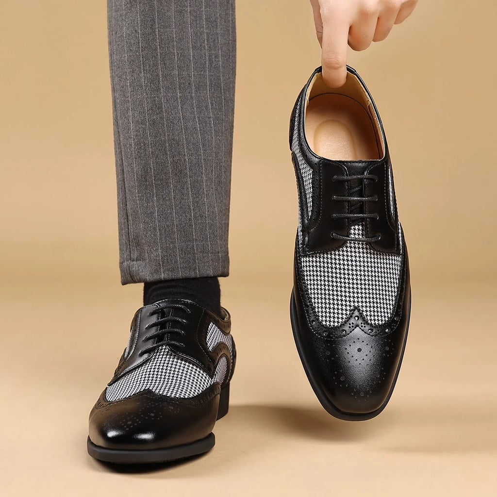 Men's black houndstooth plaid casual leather shoes with canvas upper, square toe, and lace-up front.