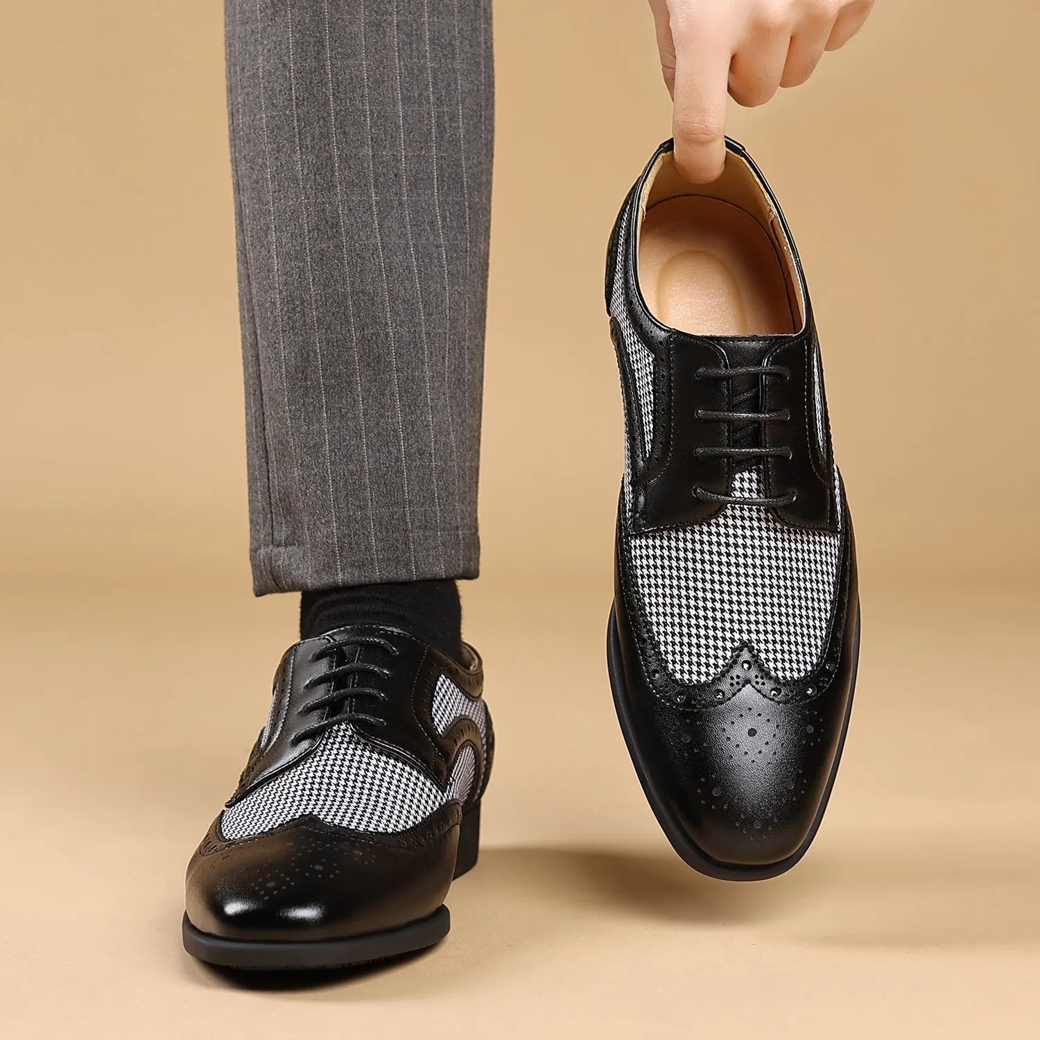 Men's black houndstooth plaid casual leather shoes with canvas upper, square toe, and lace-up front.