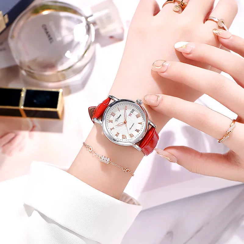 Women's automatic mechanical watch on wrist showing open case back with visible movement
