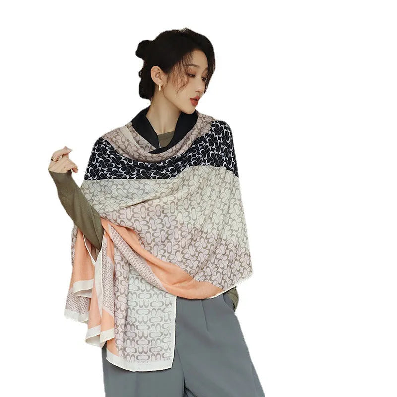 Polyester vintage printed scarf draping at 180cm by 90cm dimensions for autumn wear
