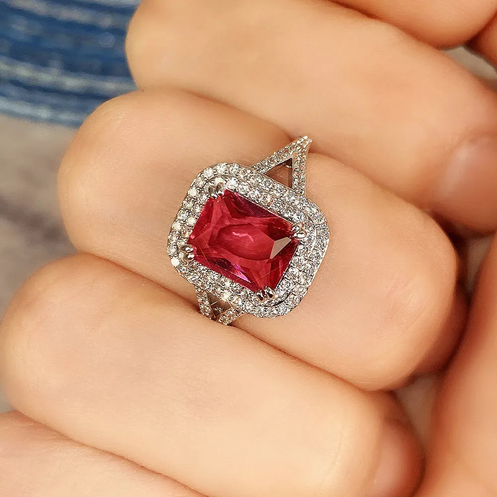 Women's copper square ring with red finish and princess-cut rhinestones on geometric band