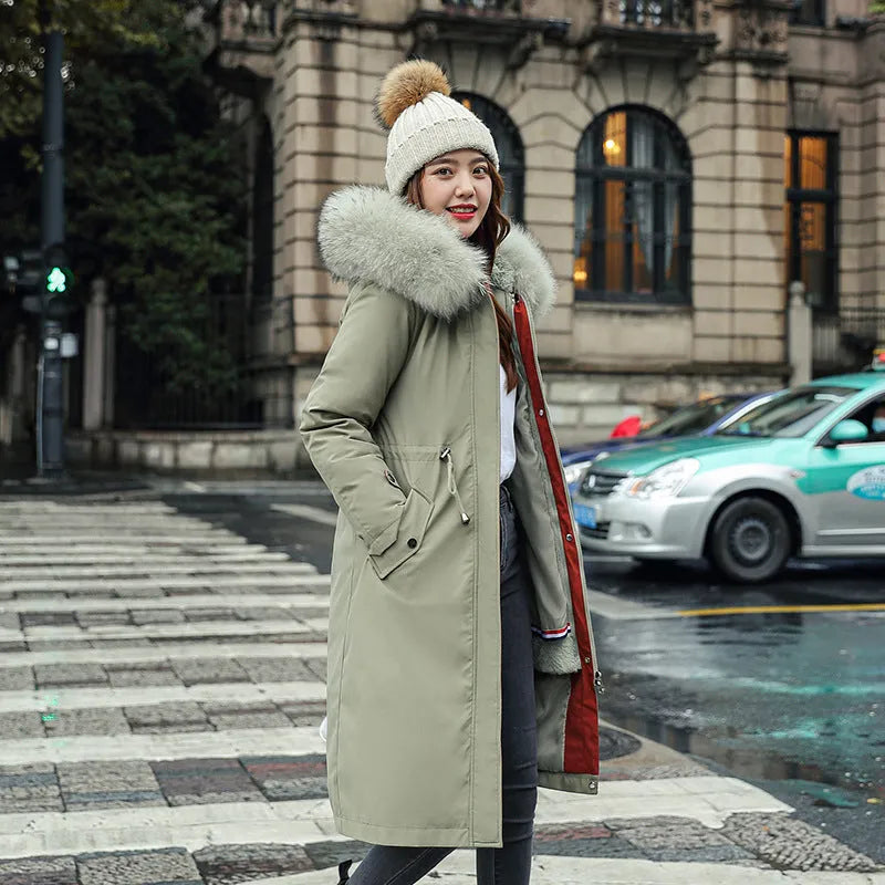 Women's long white cotton-padded fleece trench coat with a 100cm length and long sleeves.