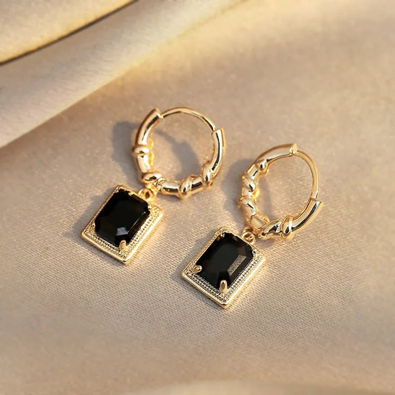 Black zircon French court retro earrings with geometric quadrilateral copper design