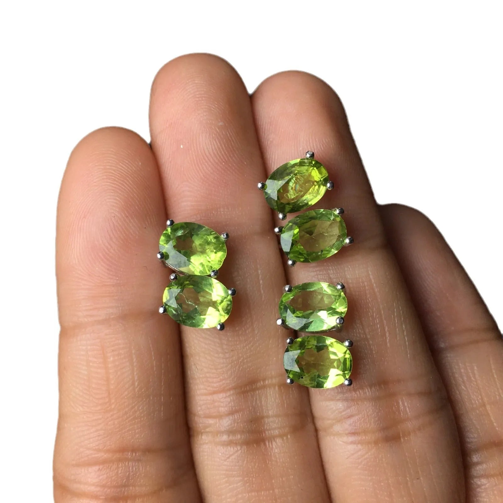 Natural olivine stud earrings S925 silver grass green gemstone geometric ellipse 6x8mm
