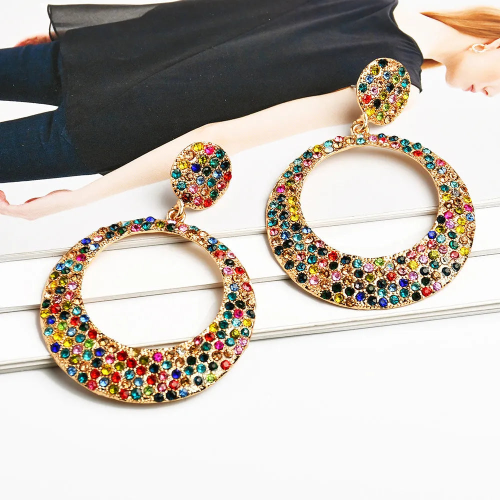 Women's alloy round pendant earrings with colourful diamond detailing in European American fashion cartoon style
