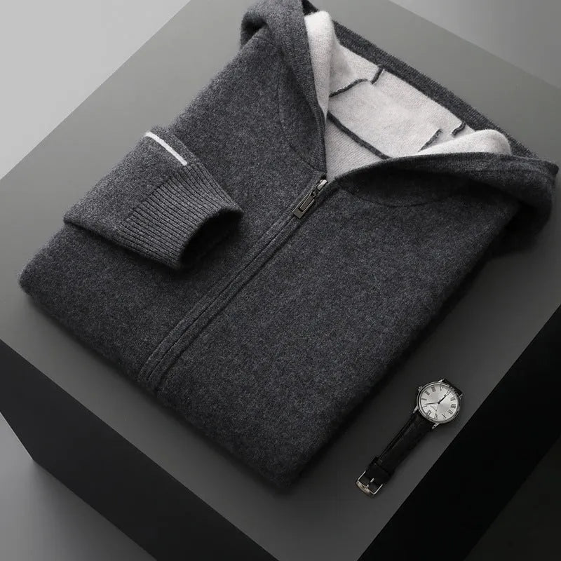 Men's dark blue cashmere cardigan sweater with half-high collar and front zipper