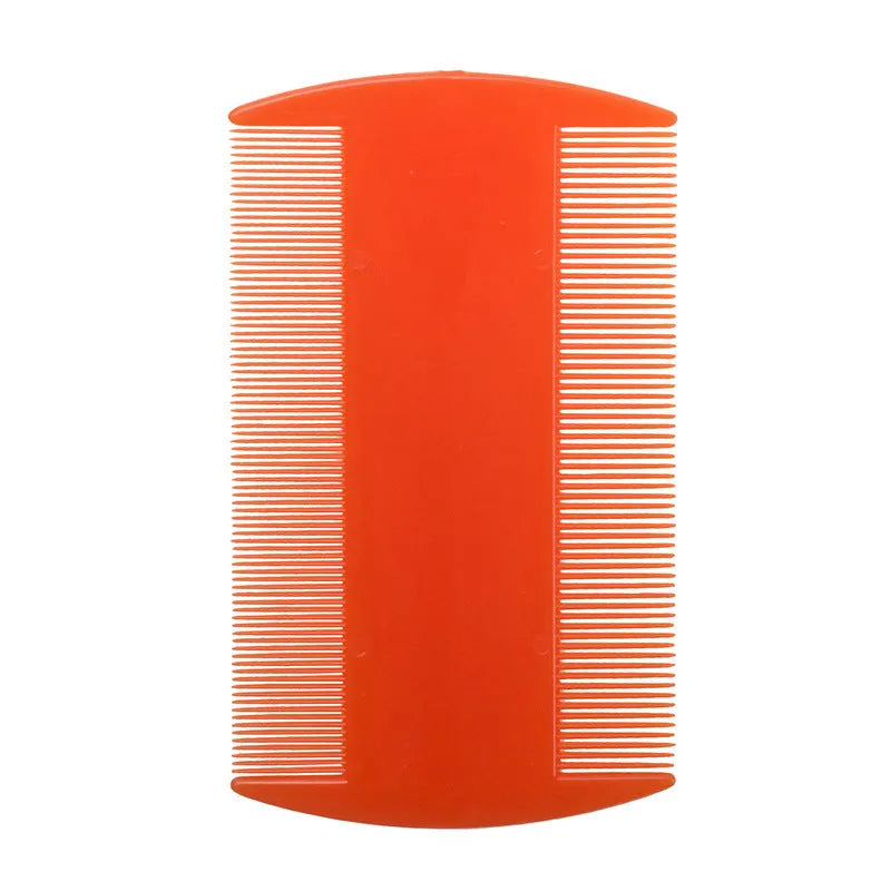 Double-edged fine-toothed plastic flea and lice comb in assorted colours on a white background.