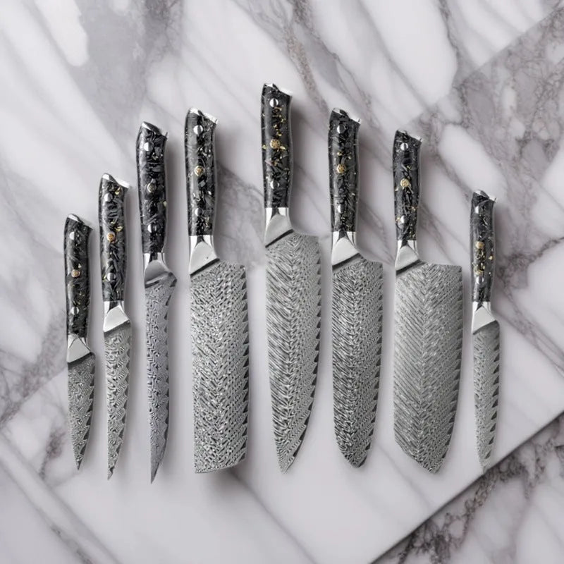 67-layer Damascus steel kitchen knife set with fishbone pattern showing eight different blade sizes and types