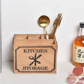 Natural wooden kitchen storage box with internal grid dividers for organising knives, forks, and chopsticks.