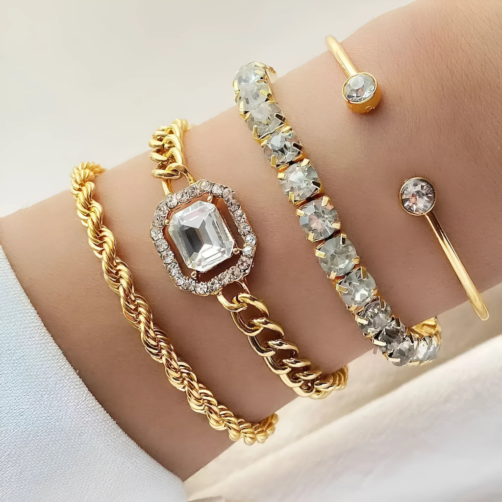 Four-piece alloy bracelet set with geometric square diamonds and metal chain in retro style