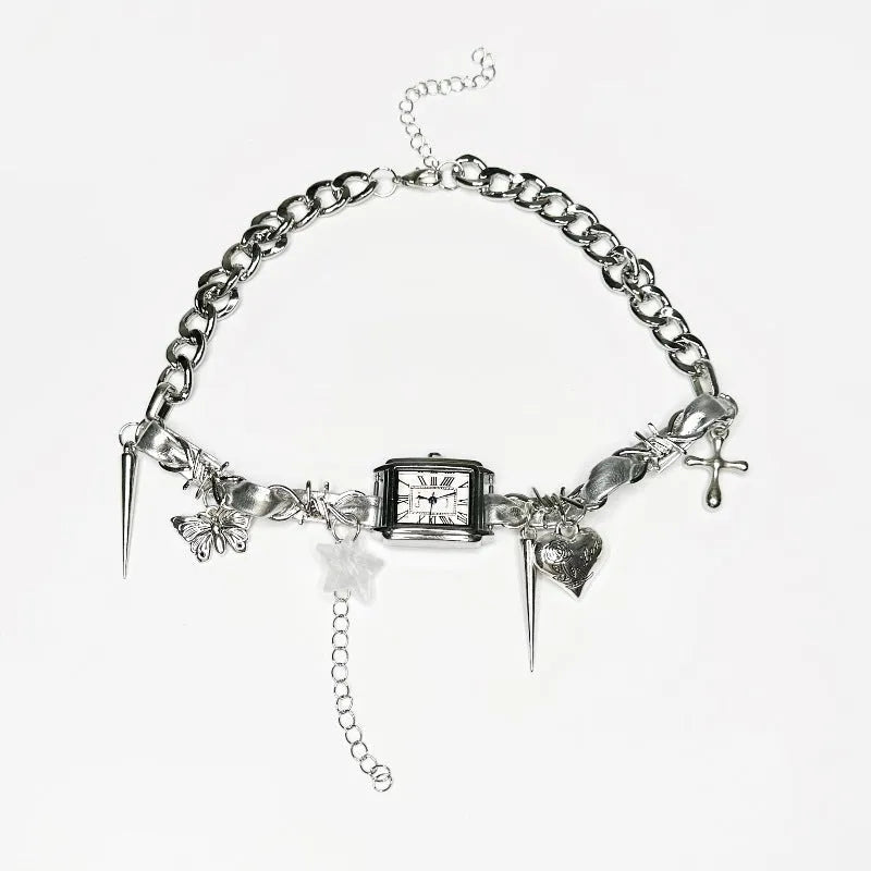 Dark style multi-layer cross necklace with twin chains and hemp flower links