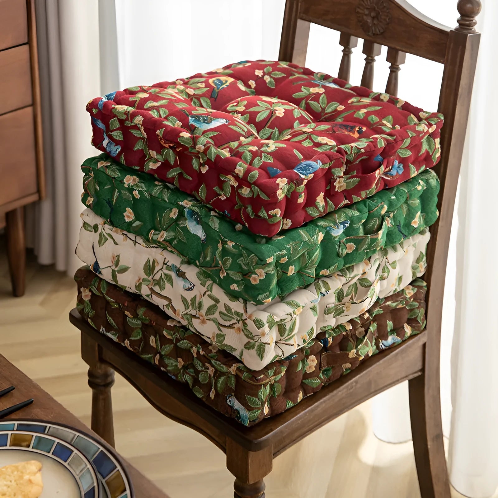 American dining chair cushion with floral pattern measuring 40x40x8cm in apricot colour
