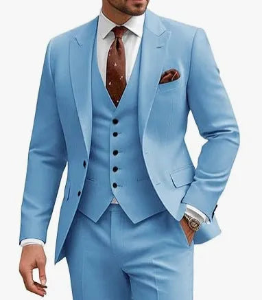 Men's slim-fit three-piece suit in chemical fibre blend fabric available in multiple colours