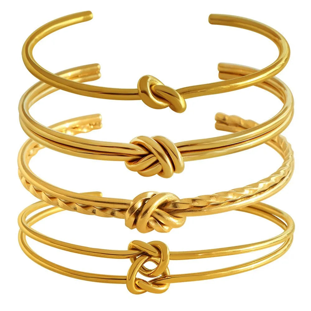 Women's adjustable knotted C-shaped open double-layer bracelet in gold or silver plated stainless steel.