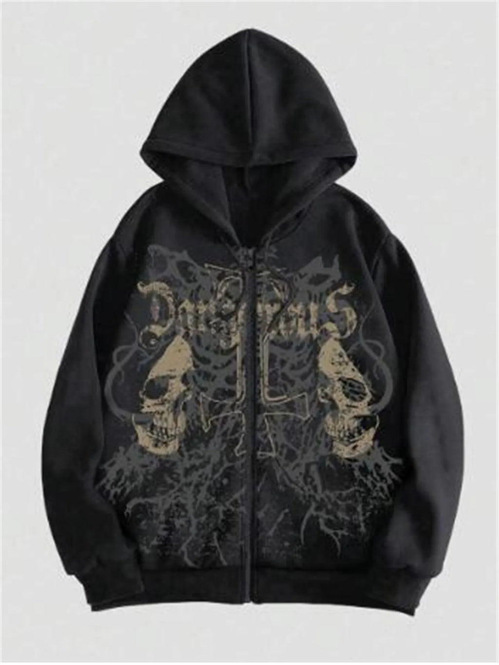 Men's black hooded sweatshirt with skull print pattern on cotton blend fabric
