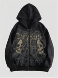 Men's black hooded sweatshirt with skull print pattern on cotton blend fabric