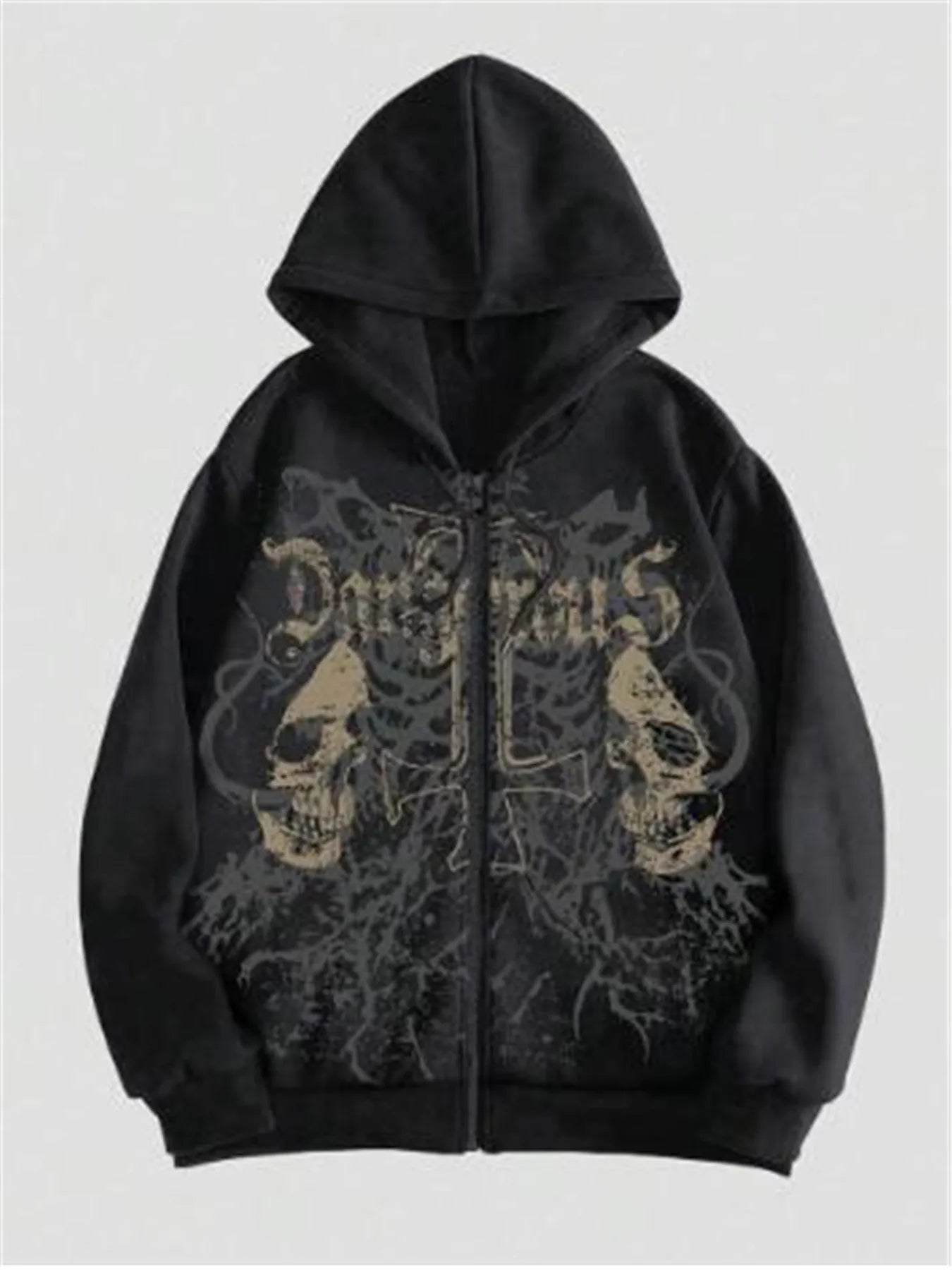 Men's black hooded sweatshirt with skull print pattern on cotton blend fabric