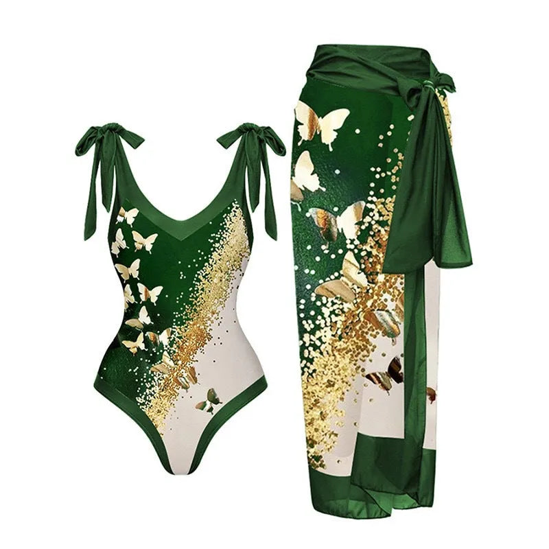 Women's solid colour one-piece swimsuit with spaghetti straps and a removable matching skirt.