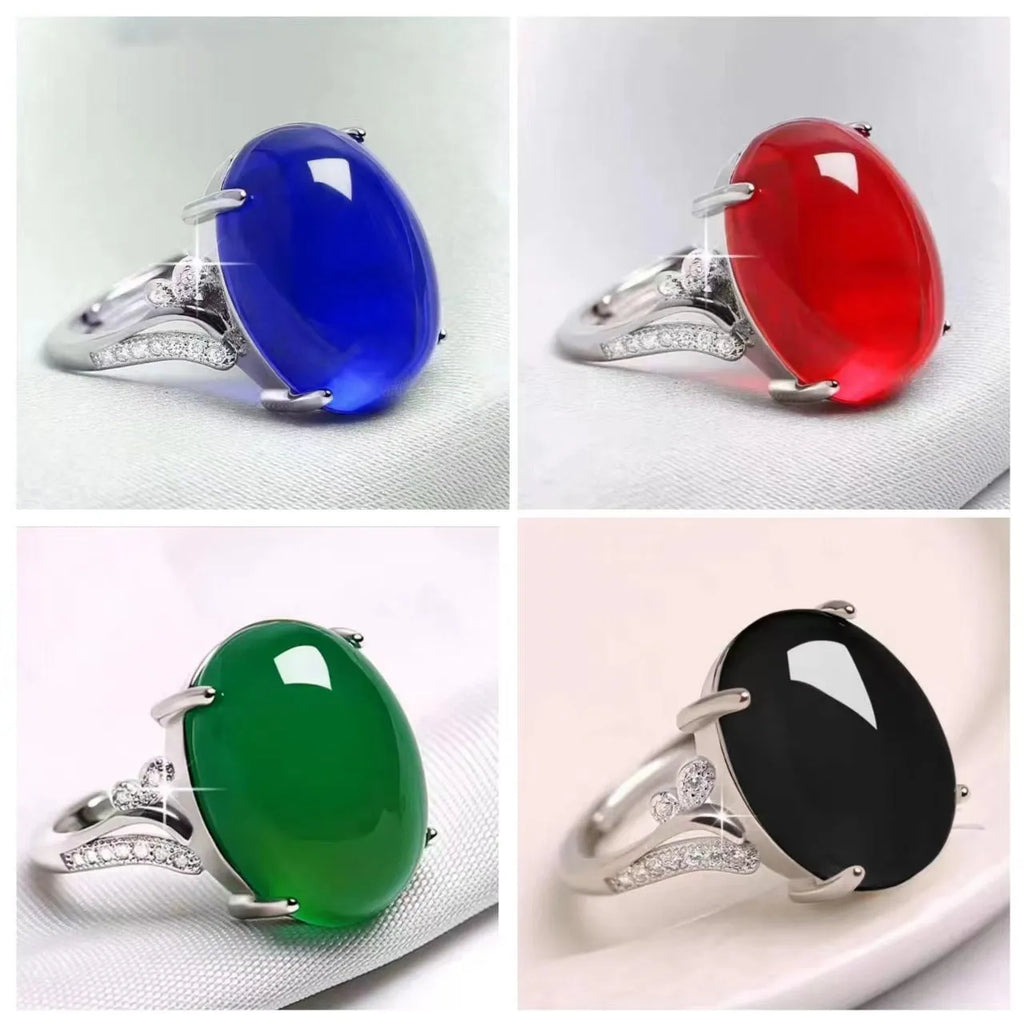 Geometric-style adjustable alloy ring in five colour options on a neutral background.