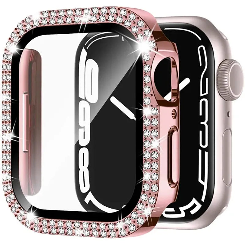 Apple Watch protective case with Double Diamond Glass peep-proof screen in rose gold colour.