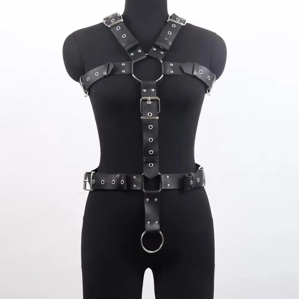 Black leather shapewear belt with thin width and pin buckle closure on plain background