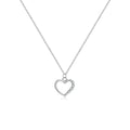 Close-up of a women's sterling silver hollow heart necklace with a circle detail, showing the white gold finish option.