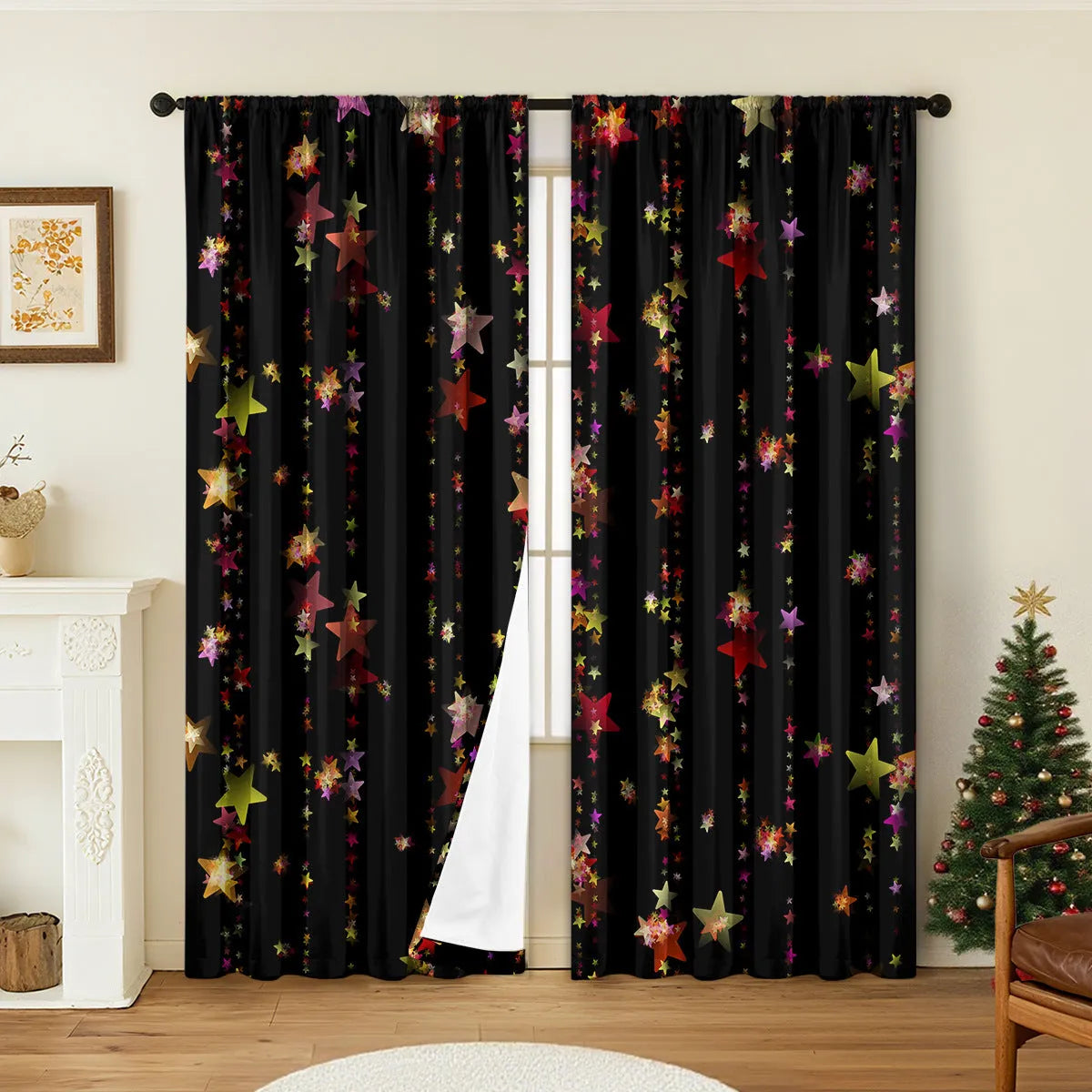 Pair of 3D digitally printed Christmas theme curtains made from polyester fabric, showing detailed pattern.