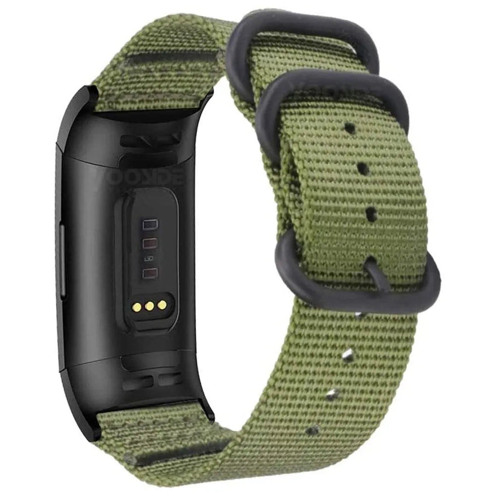 Army Green nylon replacement strap with three-ring buckle for Fitbit Charge 3 and Charge 4 fitness trackers.