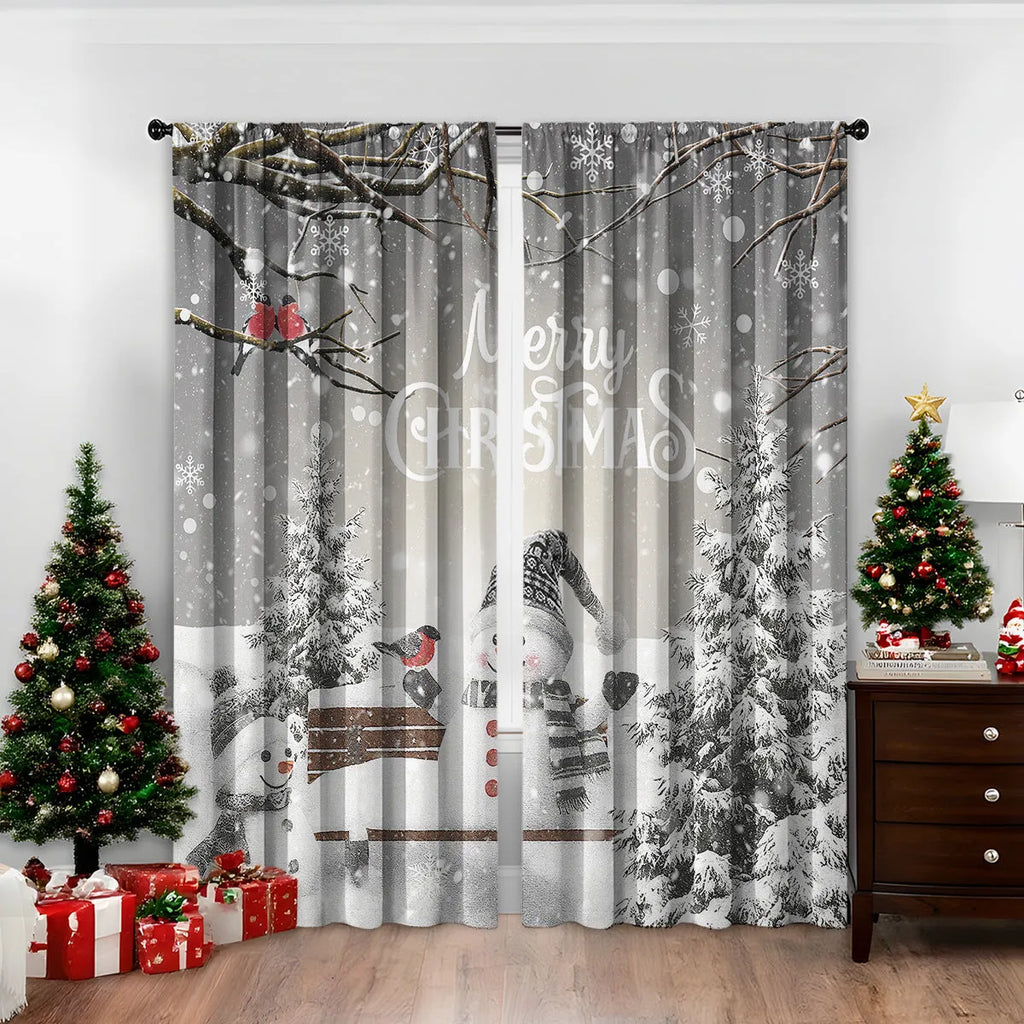 Set of two red and green 3D digitally printed Christmas theme curtains hanging on a window.