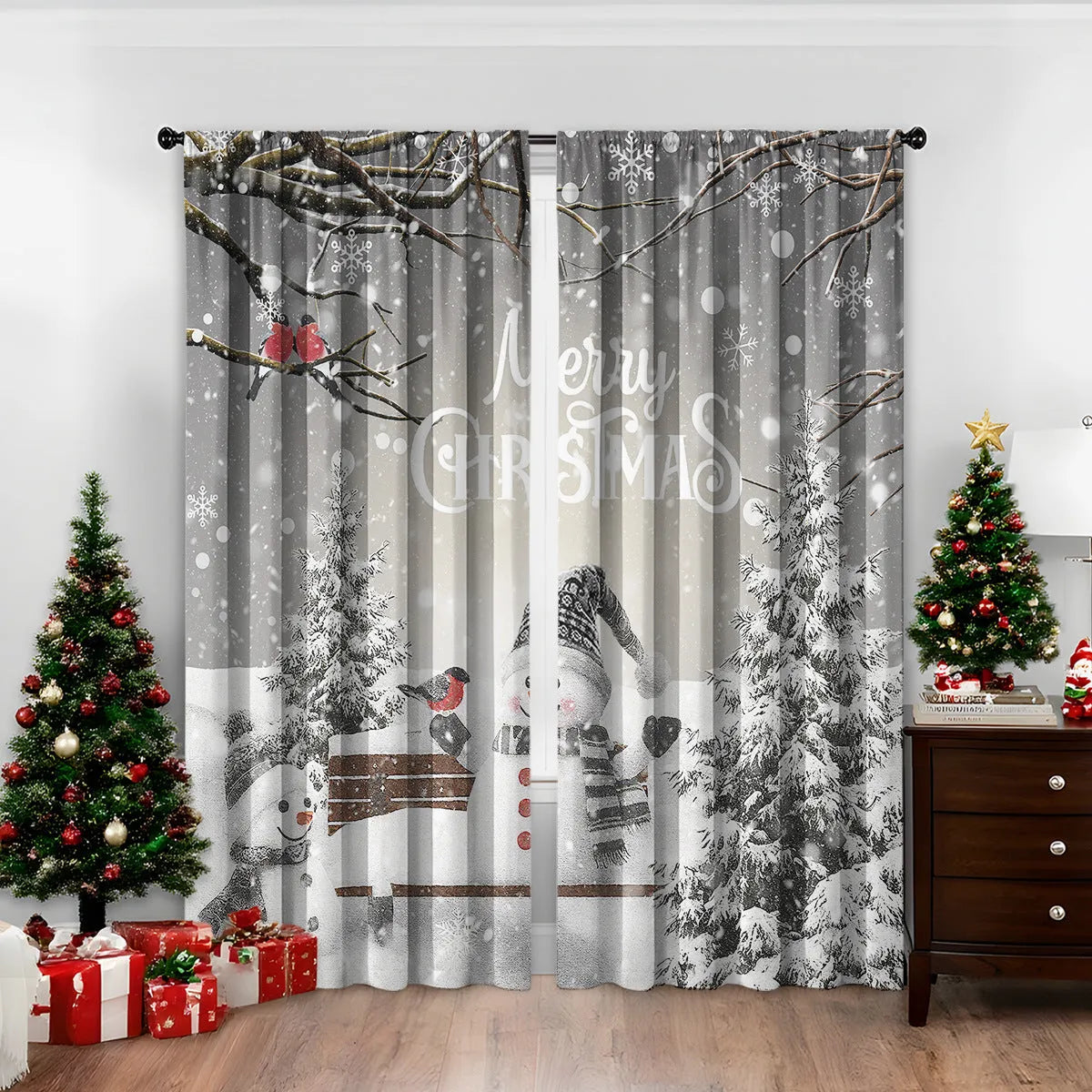 Set of two red and green 3D digitally printed Christmas theme curtains hanging on a window.