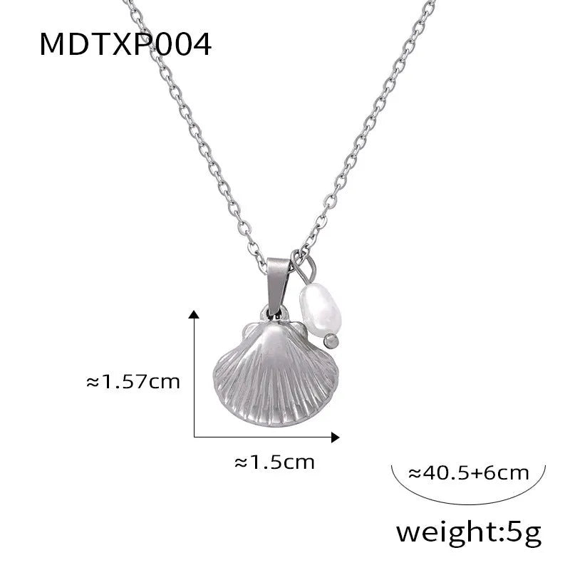 French vintage shell pendant necklace with freshwater pearl bead on O-shaped titanium steel chain