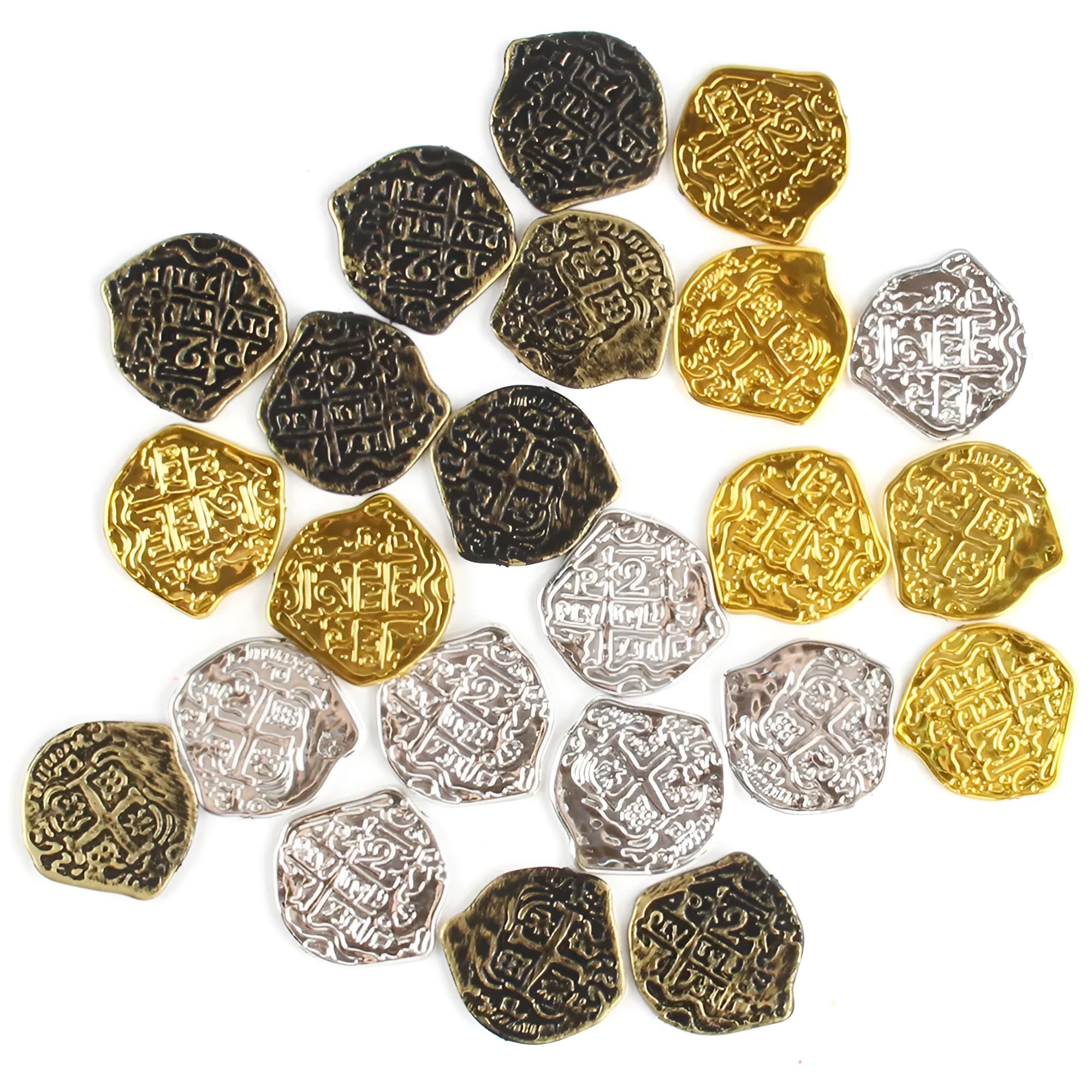 Doli set of 100 plastic Roman pirate coins in bronze, gold, and silver electroplated finishes.
