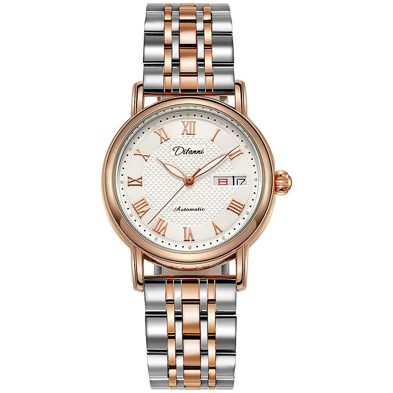 Women's automatic mechanical watch on wrist showing open case back with visible movement