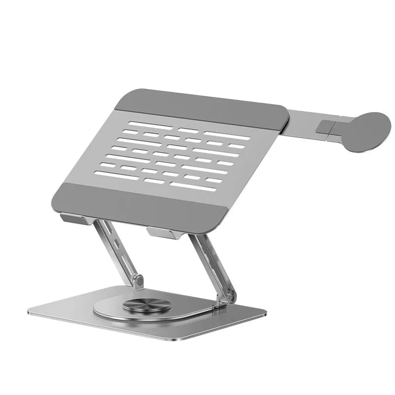 Silver carbon steel laptop stand with a rotating magnetic mobile phone holder attached.