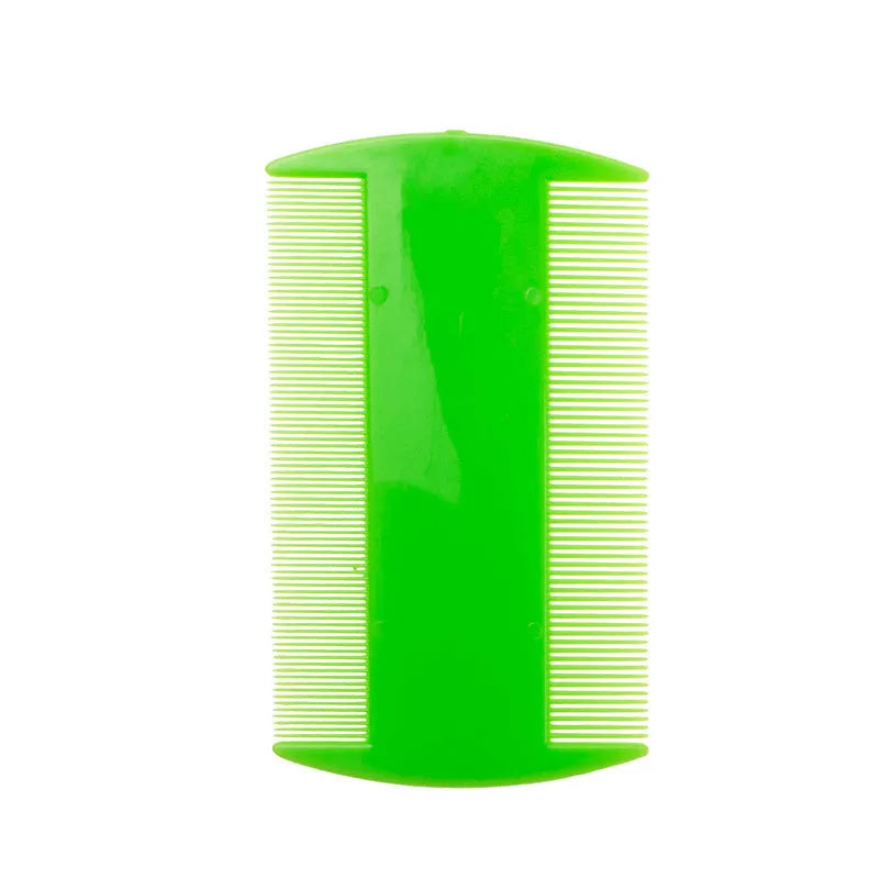 Double-edged fine-toothed plastic flea and lice comb in assorted colours on a white background.
