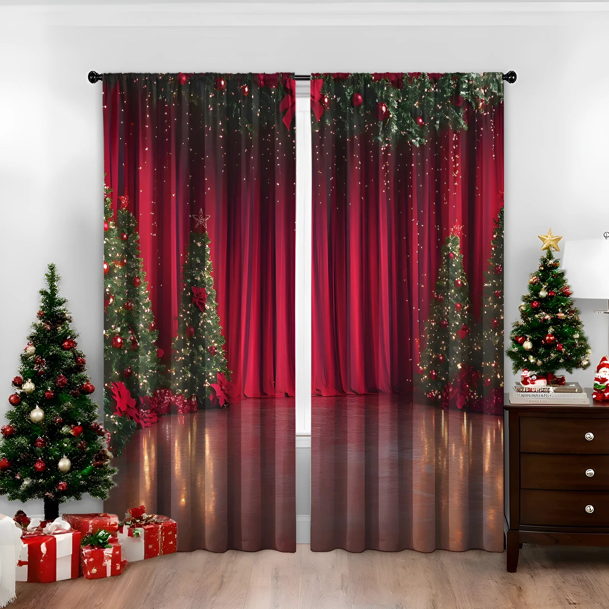 Pair of 3D digitally printed Christmas theme curtains made from polyester fabric, showing detailed pattern.