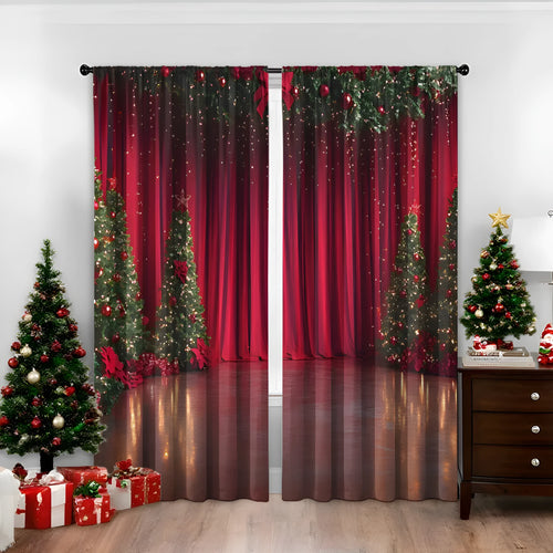 Pair of 3D digitally printed Christmas theme curtains made from polyester fabric, showing detailed pattern.