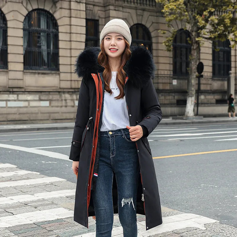 Women's long white cotton-padded fleece trench coat with a 100cm length and long sleeves.