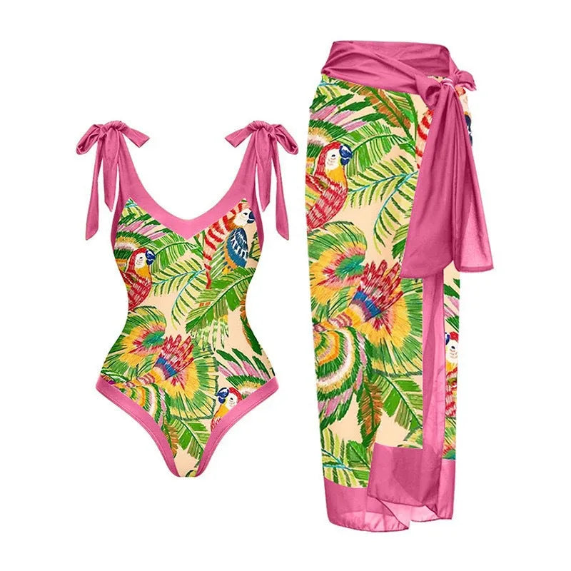 Women's solid colour one-piece swimsuit with spaghetti straps and a removable matching skirt.