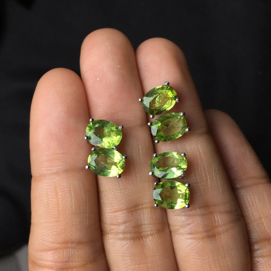 Natural olivine stud earrings S925 silver grass green gemstone geometric ellipse 6x8mm